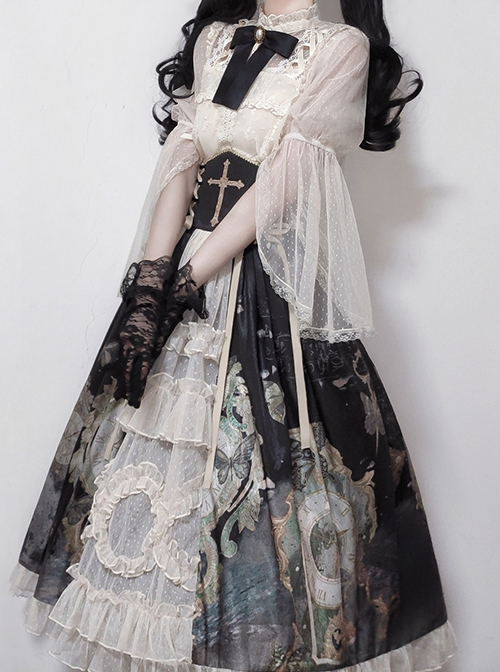 Butterfly Mankong Series Retro Elegant Lotus Leaf Turtleneck Print Trumpet Sleeve Lace Frenulum Classic Lolita Skirt Suit