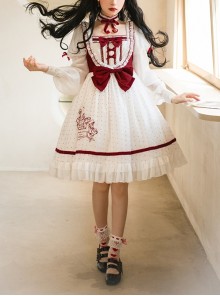 Red-White Elegant Bouquet Print With Polka Dots Bow-Knot Lantern Sleeve Beam Mouth Long Sleeve Classic Lolita Dress