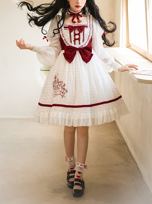 Red-White Elegant Bouquet Print With Polka Dots Bow-Knot Lantern Sleeve Beam Mouth Long Sleeve Classic Lolita Dress