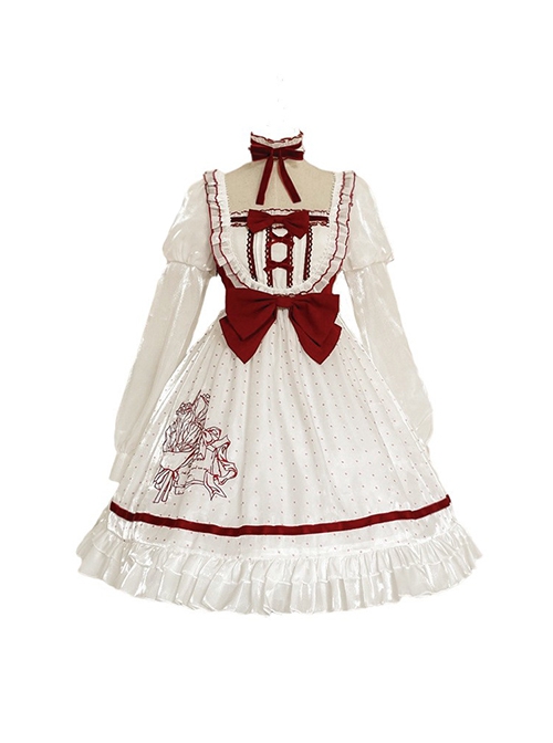 Red-White Elegant Bouquet Print With Polka Dots Bow-Knot Lantern Sleeve Beam Mouth Long Sleeve Classic Lolita Dress