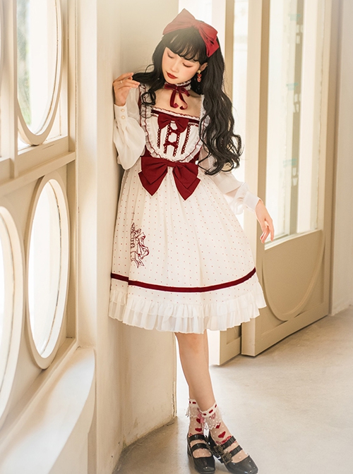 Red-White Elegant Bouquet Print With Polka Dots Bow-Knot Lantern Sleeve Beam Mouth Long Sleeve Classic Lolita Dress