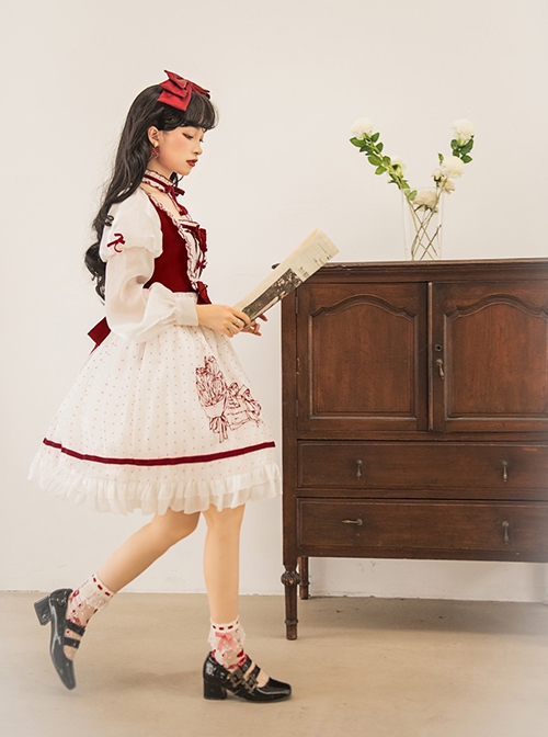 Red-White Elegant Bouquet Print With Polka Dots Bow-Knot Lantern Sleeve Beam Mouth Long Sleeve Classic Lolita Dress