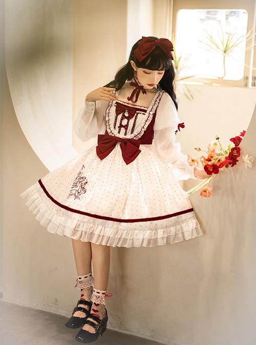 Red-White Elegant Bouquet Print With Polka Dots Bow-Knot Lantern Sleeve Beam Mouth Long Sleeve Classic Lolita Dress