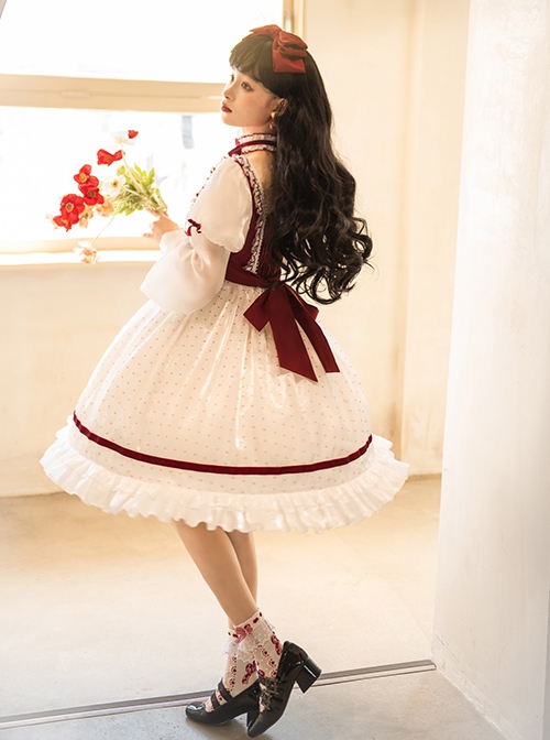 Red-White Elegant Bouquet Print With Polka Dots Bow-Knot Lantern Sleeve Beam Mouth Long Sleeve Classic Lolita Dress