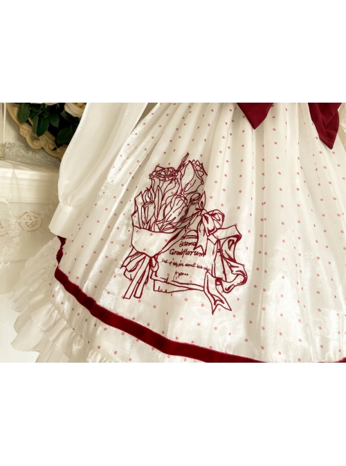 Red-White Elegant Bouquet Print With Polka Dots Bow-Knot Lantern Sleeve Beam Mouth Long Sleeve Classic Lolita Dress