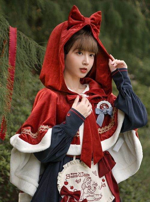 White Snow Concerto Fairy Tale White Border Decoration Velvet Sweet Lolita Bow-Knot Frenulum Short In Front And Long In Back Red Hooded Cloak