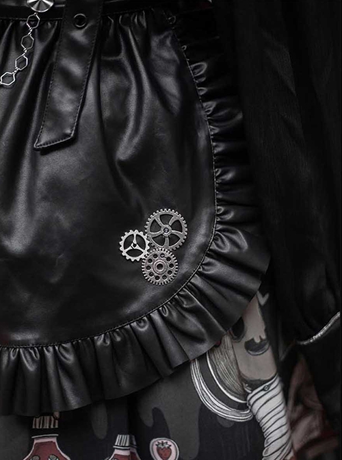 Black Punk Style Cartoon Pattern Print Decoration Pleated Bow Metal Leather Belt Trim Lolita Suspenders Dress
