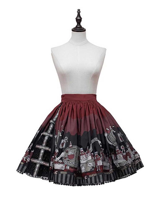 Black Punk Style Cartoon Pattern Print Decoration Pleated Bow Metal Leather Belt Trim Lolita Suspenders Dress