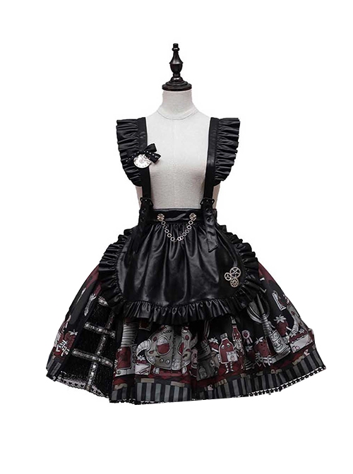 Black Punk Style Cartoon Pattern Print Decoration Pleated Bow Metal Leather Belt Trim Lolita Suspenders Dress