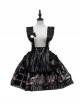 Black Punk Style Cartoon Pattern Print Decoration Pleated Bow Metal Leather Belt Trim Lolita Suspenders Dress