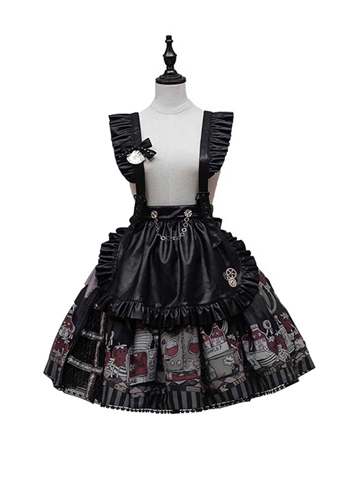 Black Punk Style Cartoon Pattern Print Decoration Pleated Bow Metal Leather Belt Trim Lolita Suspenders Dress