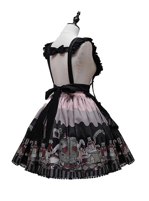 Black Punk Style Cartoon Pattern Print Decoration Pleated Bow Metal Leather Belt Trim Lolita Suspenders Dress