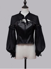 Dark Sweet Cool Style Pleated Cutout Bow Tie Metal Buckle Decoration Leather Long Sleeve Punk Lolita Shirt