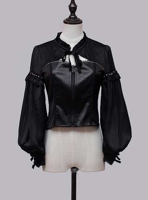 Dark Sweet Cool Style Pleated Cutout Bow Tie Metal Buckle Decoration Leather Long Sleeve Punk Lolita Shirt