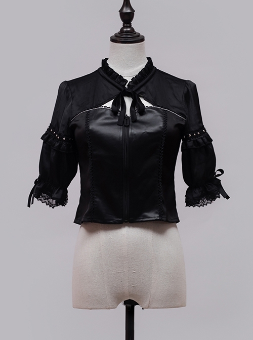 Dark Sweet Cool Style Pleated Cutout Bow Tie Metal Buckle Decoration Leather Short Sleeve Punk Lolita Shirt