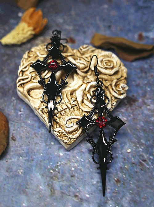 Gothic Dark Style Personalized Red Jewelry Decoration Lolita Black Cross Earrings