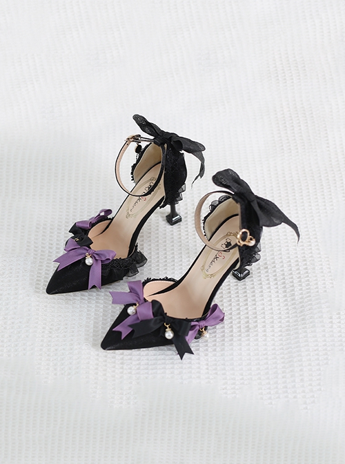 Black Romantic French Style Bow Knot Lace Trim Classic Lolita Pearl Decoration Pointed Toe High Heels