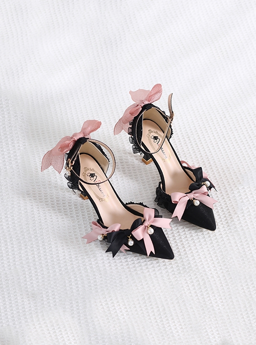 Black Romantic French Style Bow Knot Lace Trim Classic Lolita Pearl Decoration Pointed Toe High Heels