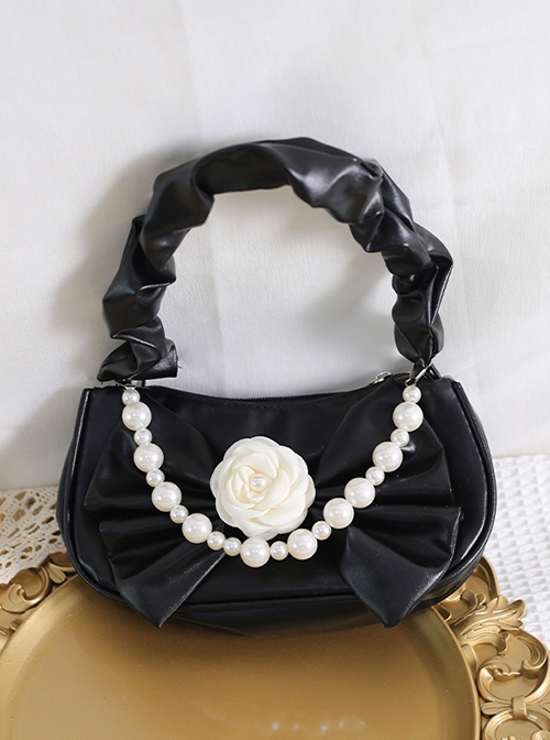 Romantic Three-Dimensional Camellia Decoration Solid Color Pleated Bow Classic Lolita Pearl Chain Leather Tote Bag