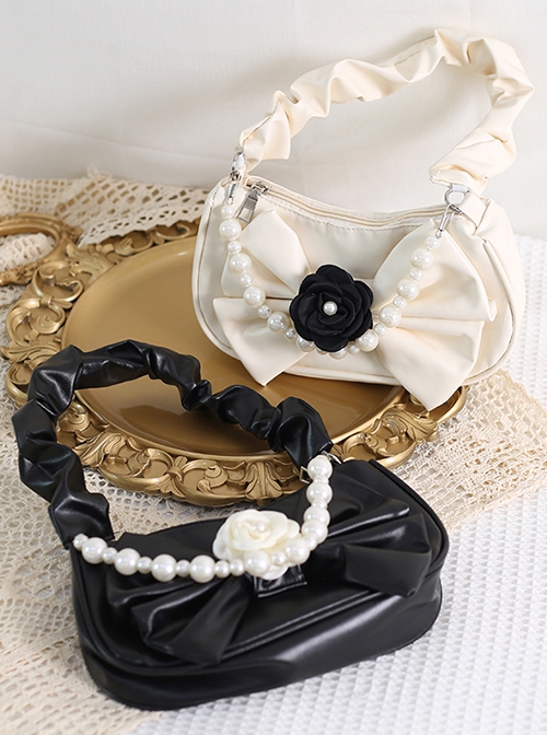 Romantic Three-Dimensional Camellia Decoration Solid Color Pleated Bow Classic Lolita Pearl Chain Leather Tote Bag