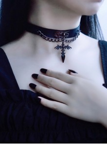 Gothic Black Wings Crucifix Metal Chain PU Halloween Goth Lolita Necklace