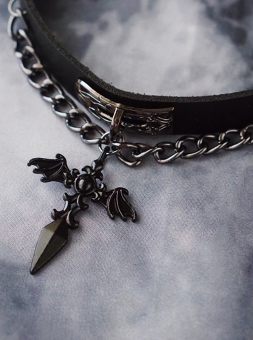 Gothic Black Wings Crucifix Metal Chain PU Halloween Goth Lolita Necklace