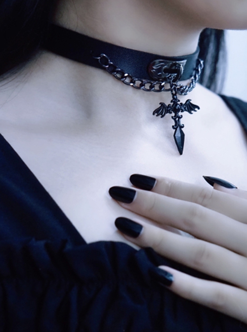 Gothic Black Wings Crucifix Metal Chain PU Halloween Goth Lolita Necklace