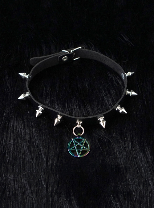 Gothic Metal Rivets Magic Pentagram Black PU Halloween Gothic Lolita Necklace