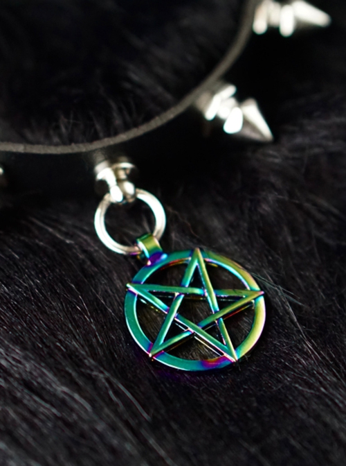 Gothic Metal Rivets Magic Pentagram Black PU Halloween Gothic Lolita Necklace