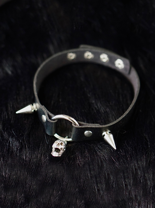 Gothic Style Metal Rivet Stitching Skull Black PU Halloween Gothic Lolita Necklace