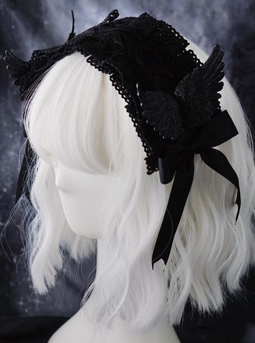 Gothic Black Wings Lace Cross Bow-Knot Frenulum Halloween Gothic Lolita Headband