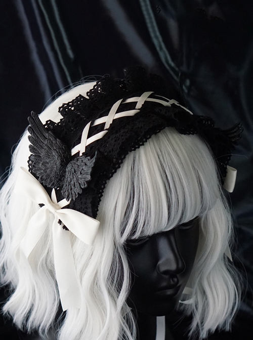 Gothic Black Wings Lace Cross Bow-Knot Frenulum Halloween Gothic Lolita Headband