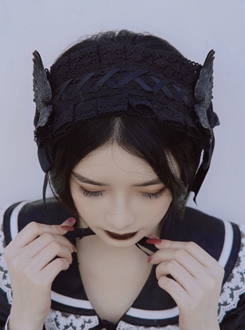 Gothic Black Wings Lace Cross Bow-Knot Frenulum Halloween Gothic Lolita Headband