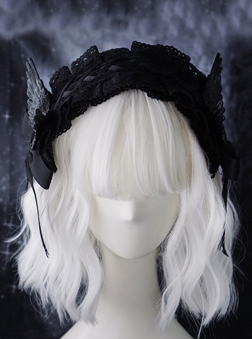 Gothic Black Wings Lace Cross Bow-Knot Frenulum Halloween Gothic Lolita Headband