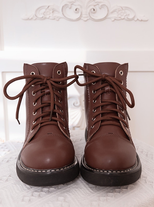 Sweet Cool Solid Color Lace-Up Round Head Soft Girl Autumn-Winter Daily Short Tube Classic Lolita Martin Boots