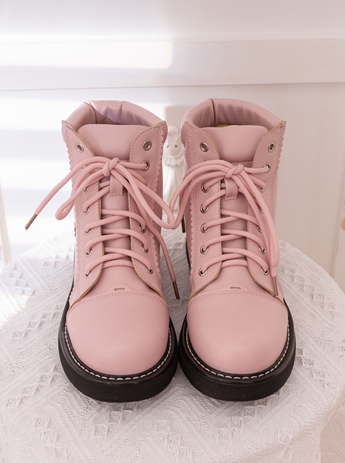 Sweet Cool Solid Color Lace-Up Round Head Soft Girl Autumn-Winter Daily Short Tube Classic Lolita Martin Boots