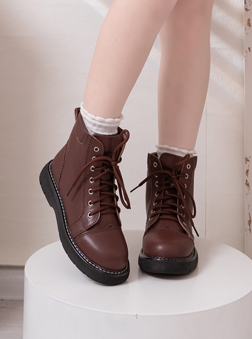 Sweet Cool Solid Color Lace-Up Round Head Soft Girl Autumn-Winter Daily Short Tube Classic Lolita Martin Boots