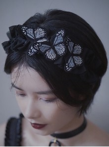 Gothic Black Ruffle Dream Embroidered Butterfly Gothic Lolita Headband