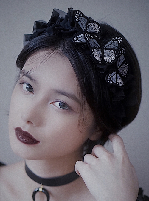 Gothic Black Ruffle Dream Embroidered Butterfly Gothic Lolita Headband