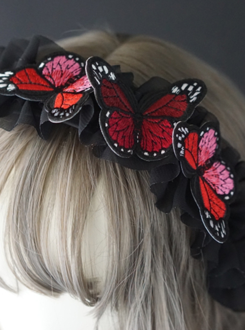 Gothic Black Ruffle Dream Embroidered Butterfly Gothic Lolita Headband