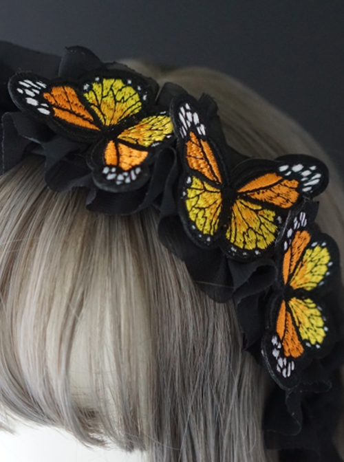 Gothic Black Ruffle Dream Embroidered Butterfly Gothic Lolita Headband