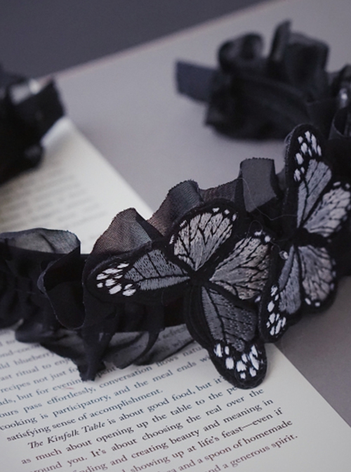 Gothic Black Ruffle Dream Embroidered Butterfly Gothic Lolita Headband