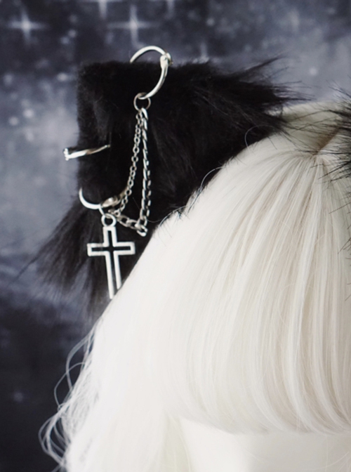 Solid Color Dark Cross Metal Chain Decorative Punk Lolita Plush Cat Ear Hairpin