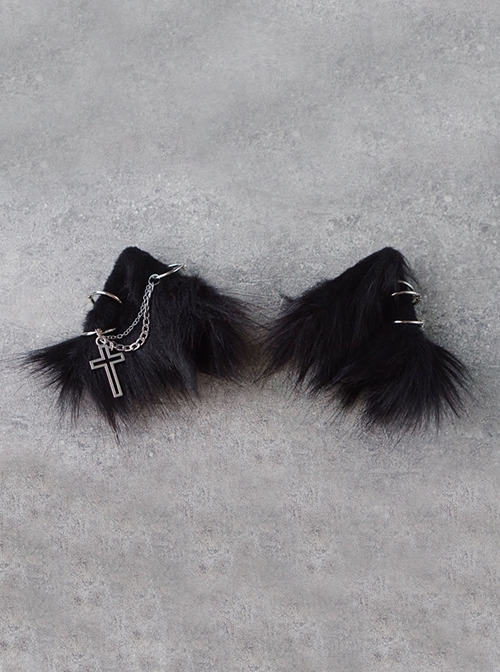 Solid Color Dark Cross Metal Chain Decorative Punk Lolita Plush Cat Ear Hairpin