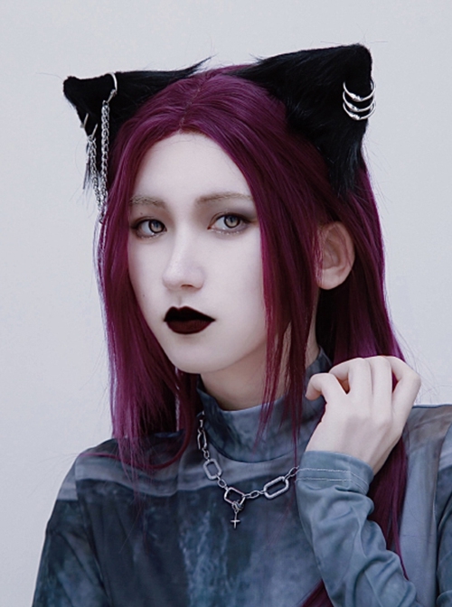 Solid Color Dark Cross Metal Chain Decorative Punk Lolita Plush Cat Ear Hairpin