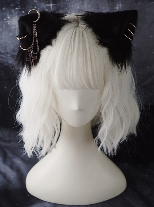 Solid Color Dark Cross Metal Chain Decorative Punk Lolita Plush Cat Ear Hairpin