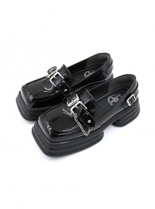 The Black Chain Pledge Series Retro Preppy Style Simple Casual Square Head Thick Bottom Metal Decorate School Lolita Shoes