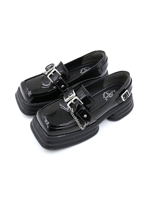 The Black Chain Pledge Series Retro Preppy Style Simple Casual Square Head Thick Bottom Metal Decorate School Lolita Shoes