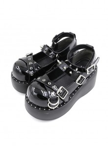 Solid Color Sweet And Cool Girl Round Head Metal Rivet Buckle PU Punk Lolita High-Heeled Flat Shoes