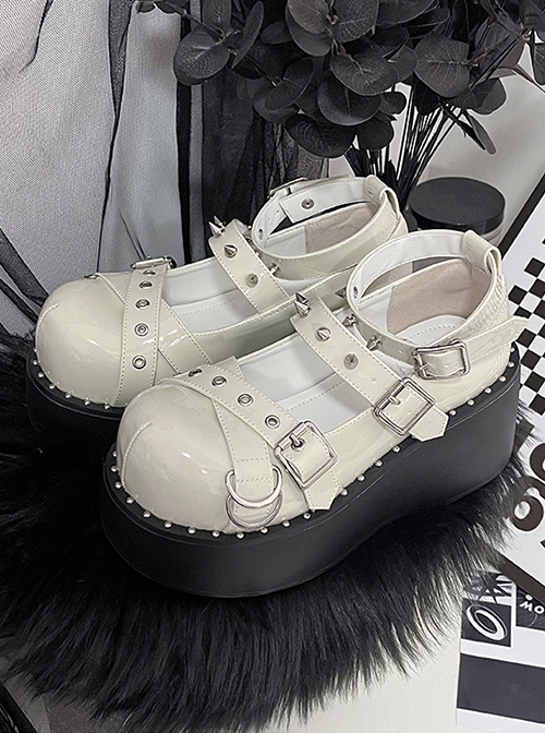 Solid Color Sweet And Cool Girl Round Head Metal Rivet Buckle PU Punk Lolita High-Heeled Flat Shoes